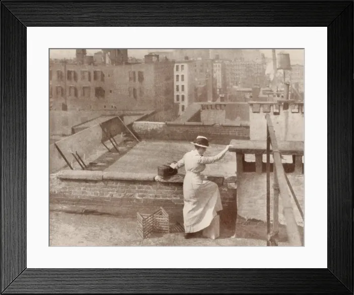 Framed Print : A Public Health visiting nurse takes a short cut over a tenement roof, c. 1900. Henry Street Settlement House was her headquarters (BSLOC_2018_1_152)