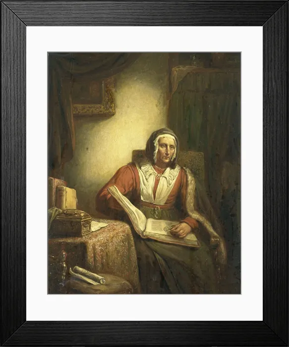 Framed Print : Old Woman Reading, by George Gillis Haanen, 1834. Dutch painting, oil on canvas. With glasses in her hand, she takes a break from reading a worn large book. (BSLOC_2016_1_83)