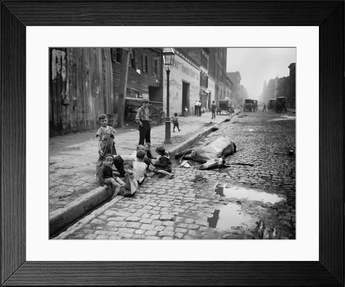 Framed Print : THE CLOSE OF A CAREER IN NEW YORK, by Byron, c. 1900-1905. Several boys sit on street curb with their bare feet in the gutter, near a dead horse Framed Print : THE CLOSE OF A CAREER IN NEW YORK, by Byron, c. 1900-1905. Several boys sit on street curb with their bare feet in the gutter, near a dead horse
