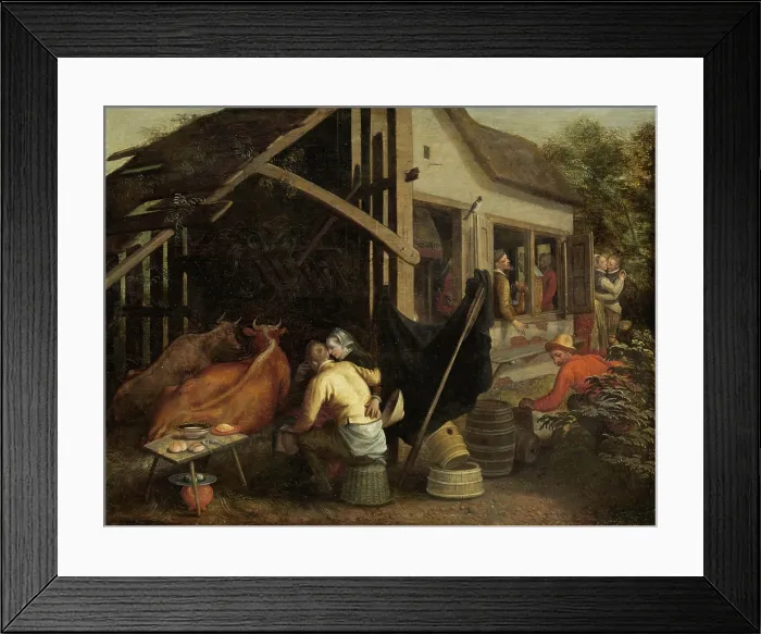 Framed Print : Couples Making Love at a Country Inn, by Aert Pietersz, c. 1570-90, Dutch painting, oil on panel. The couple foreground embrace in a cowshed behind a curtain
