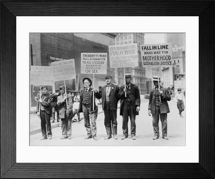 Framed Print : Parade of unemployed men, carrying signs, New York City, May 1909. One sign asks, There Are Thousands Walking the Streets at Night without Shelter Framed Print : Parade of unemployed men, carrying signs, New York City, May 1909. One sign asks, There Are Thousands Walking the Streets at Night without Shelter