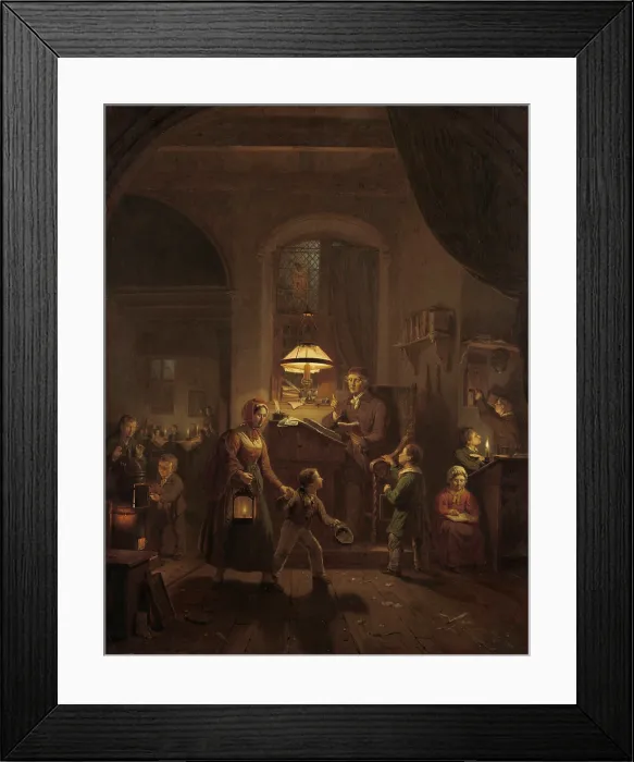 Framed Print : Night School, by George Gillis Haanen, 1835, Dutch painting, oil on panel. A mother with a lantern brings her son to school where other boys and one girl read by candlelight Framed Print : Night School, by George Gillis Haanen, 1835, Dutch painting, oil on panel. A mother with a lantern brings her son to school where other boys and one girl read by candlelight