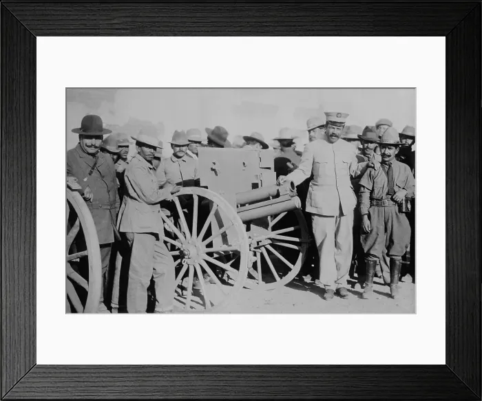 Framed Print : Francisco Villa stands with officiers and artillery during the Mexican Revolution, c. 1910-1914 Framed Print : Francisco Villa stands with officiers and artillery during the Mexican Revolution, c. 1910-1914