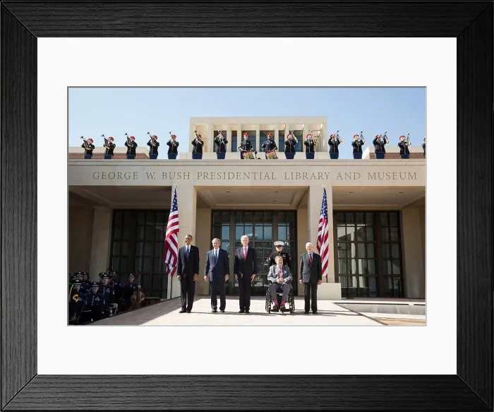 Framed Print : President Barack Obama poses with former Presidents, April 25, 2013. L-R: Barack Obama; George W. Bush; Bill Clinton; George H.W. Bush; Jimmy Carter