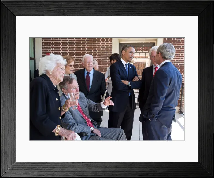 Framed Print : President Barack Obama and First Lady Michelle Obama talk with former Presidents and First Ladies. April 25, 2013. L-R: Barbara Bush; George H.W