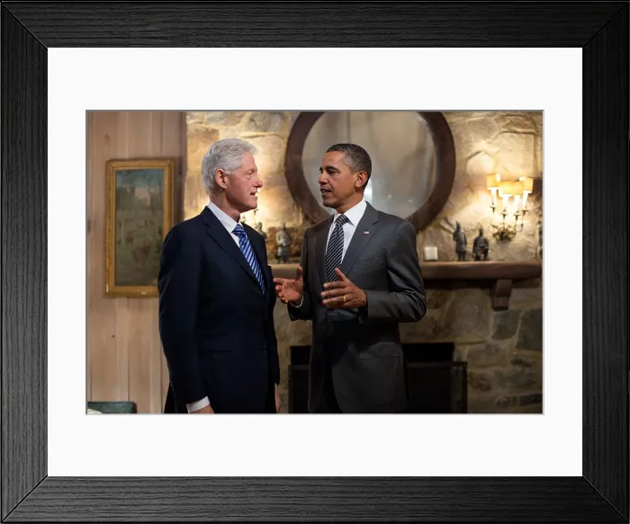 Framed Print : President Barack Obama talks with former President Bill Clinton. April 29, 2012. They were attending an election year campaign event at McLean, Virginia. (BSLOC_2015_3_58)