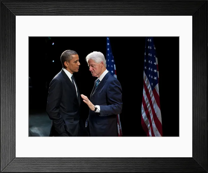 Framed Print : President Barack Obama with former President Bill Clinton at an election year fundraiser. Clinton introduced Obama at the New Amsterdam Theater in New York, June 4, 2012