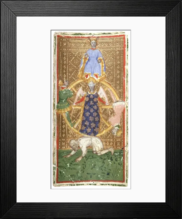 Framed Print : Brambilla Tarot. The Wheel of Fortune, by Bonifacio Bembo, 1442 - 1443, 15th Century, overlaid sheets of cardboard die-pressed, 18 x 9 cm - Italy, Lombardy, Milan Framed Print : Brambilla Tarot. The Wheel of Fortune, by Bonifacio Bembo, 1442 - 1443, 15th Century, overlaid sheets of cardboard die-pressed, 18 x 9 cm - Italy, Lombardy, Milan