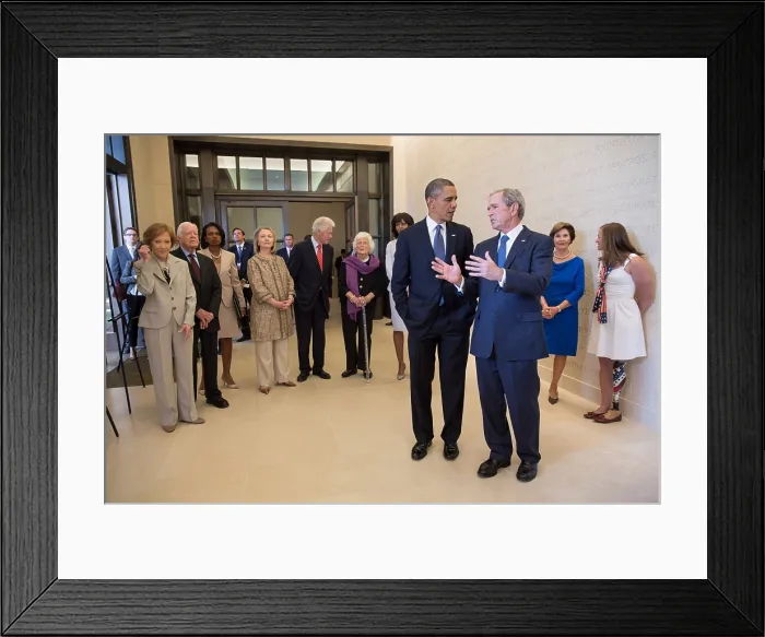 Framed Print : President Barack Obama talks with former President George W. Bush, April 25, 2013. At far right is Melissa Stockwell, the first female US soldier to lose a limb in Iraq Framed Print : President Barack Obama talks with former President George W. Bush, April 25, 2013. At far right is Melissa Stockwell, the first female US soldier to lose a limb in Iraq