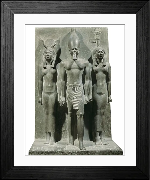 Framed Print : Triad of Menkaure (Mycerinus) with the goddess Hathor and the goddess of the Aphroditopolis nome. 2490 BC