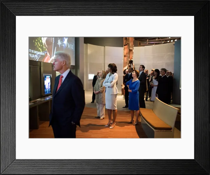Framed Print : Present and former First Ladies look at a 9 / 11 exhibit at George W. Bush Library. L-R: Bill Clinton, Hillary Rodham Clinton, Michelle Obama, Barack Obama, Laura Bush