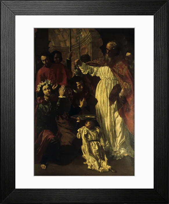 Framed Print : Baptism of Valerian, by Paolo Finoglio, 17th Century, oil on canvas - Italy, Puglia, Conversano, Church of Saints Cosma and Damiano. Whole artwork view Framed Print : Baptism of Valerian, by Paolo Finoglio, 17th Century, oil on canvas - Italy, Puglia, Conversano, Church of Saints Cosma and Damiano. Whole artwork view