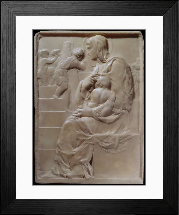 Framed Print : Madonna of the Steps (Madonna della Scala), by Michelangelo Buonarroti, 1489, 15th Century, marble bas-relief - Italy, Tuscany, Florence, Buonarroti House. Whole artwork view