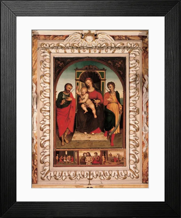 Framed Print : Cambiaso Giovanni, Cambiaso Luca, Brea Francesco, Madonna and Child with Sts Crispin and Crispinian, 16th Century, panel, Italy, Liguria, Taggia, Imperia