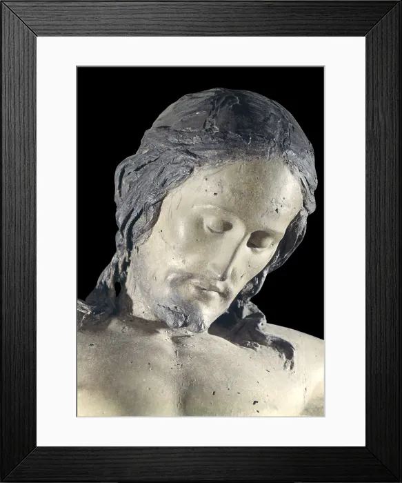 Framed Print : Crucifix, by Unknown Artist, 1494, 15th Century, polychrome wood - Italy, Tuscany, Florence, Church of the Holy Spirit. Detail. Christ's face