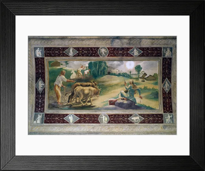 Framed Print : Works in Fields, by Anselmo Guazzi, Agostino da Mozzanega, 1527 - 1528, 16th Century, fresco - Italy, Lombardy, Mantova, Te Palace. Whole artwork view