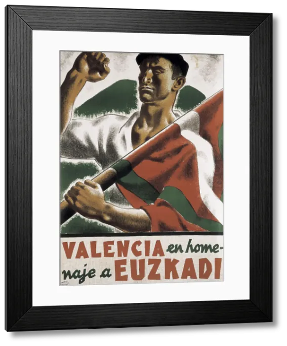 Framed Print : Spanish Civil War (1936-1939). 'Valencia en homenaje a Euzkadi' (Valencia in homage to Euzkadi). Poster. SPAIN. Salamanca. Archivo Historico Nacional. - P Framed Print : Spanish Civil War (1936-1939). 'Valencia en homenaje a Euzkadi' (Valencia in homage to Euzkadi). Poster. SPAIN. Salamanca. Archivo Historico Nacional. - P