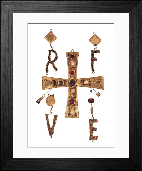 Framed Print : Cross and letters with inlay of precious stones belonging to the Treasury of Torredonjimeno. 7th c. Visigothic art. Jewelry. SPAIN. Barcelona. Archaeology Museum of Catalonia