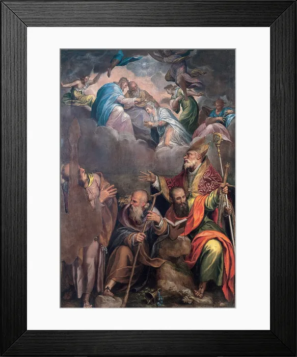 Framed Print : Farinati Paolo, Coronation of the Virgin and Sts Anthony the Abbot, Peter, Paul and Benedict, 16th Century, oil on canvas, Italy, Lombardy, Venegono Inferiore, Parish Church