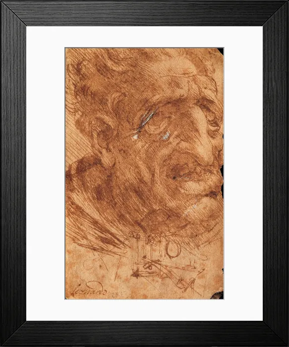 Framed Print : Leonardo da Vinci, Head of an Old Man and Sketches of a Mechanical Device, 1490 - 1499, 15th Century, pen and fine brush with sepia, color ink, watercolor, Italy, Veneto, Venice