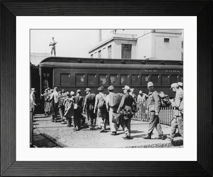 Framed Print : German POW's boarding a New York Central Railroad passenger car. They will travel to a prisoner of war camp somewhere in American interior for the duration of World War 2. Ca