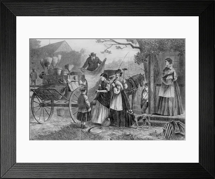 Framed Print : Rural women examining the wares offered by the peddler. Many Jewish immigrants started their retail careers as peddlers throughout rural America. Ca. 1860s