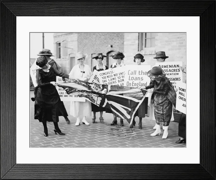 Framed Print : A group of Irish-American women tearing up a British flag, as they protest against United States support of the English against the Irish Independence