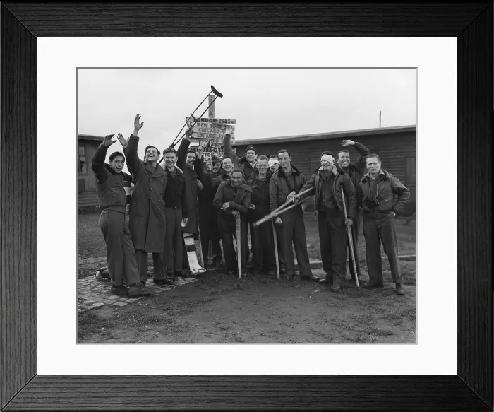 Framed Print : Freed Allied soldiers pose at Dulag-Luft, at Wetzlar, near Frankfurt, Germany. The POW camp housed mostly US aircraft crews shot down during World War 2. (BSLOC_2013_14_299) Framed Print : Freed Allied soldiers pose at Dulag-Luft, at Wetzlar, near Frankfurt, Germany. The POW camp housed mostly US aircraft crews shot down during World War 2. (BSLOC_2013_14_299)