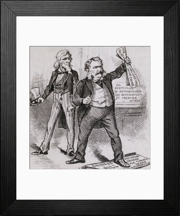 Framed Print : President Arthur, vetoed the 1882 bill forbidding immigration of laborers from China for 20 years, but later signed a 10 year limitation that remained in effect for decades Framed Print : President Arthur, vetoed the 1882 bill forbidding immigration of laborers from China for 20 years, but later signed a 10 year limitation that remained in effect for decades
