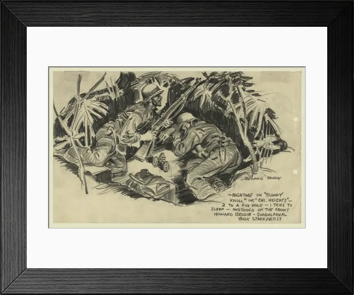 Framed Print : Nighttime on Bloody Knoll on Guadalcanal Island. Two U.S. soldiers share a foxhole, one alert while the other sleeps