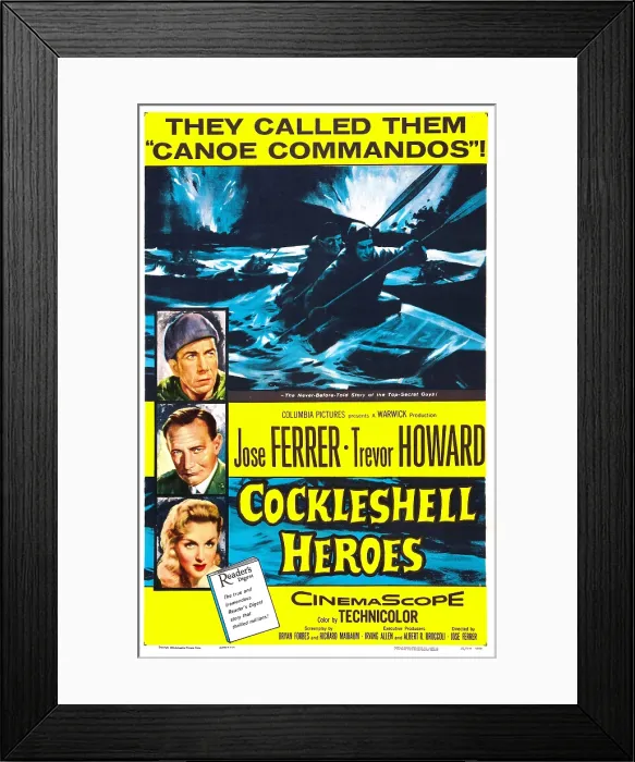 Framed Print : THE COCKLESHELL HEROES, US poster, left from top: Jose Ferrer, Trevor Howard, Beatrice Campbell, 1955
