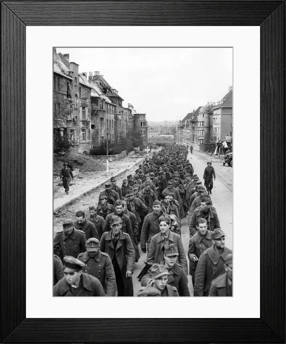 Framed Print : German prisoners of war marching through the ruined city of Aachen. Oct. 1944. World War 2. (BSLOC_2013_14_291)
