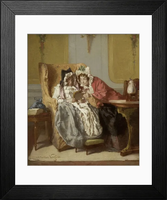 Framed Print : Two Ladies Looking at a Picture, by Alexander Hugo Bakker Korff, 1866, Dutch painting, oil on panel. Two older women huddle to view a small oval painting (BSLOC_2016_2_100) Framed Print : Two Ladies Looking at a Picture, by Alexander Hugo Bakker Korff, 1866, Dutch painting, oil on panel. Two older women huddle to view a small oval painting (BSLOC_2016_2_100)