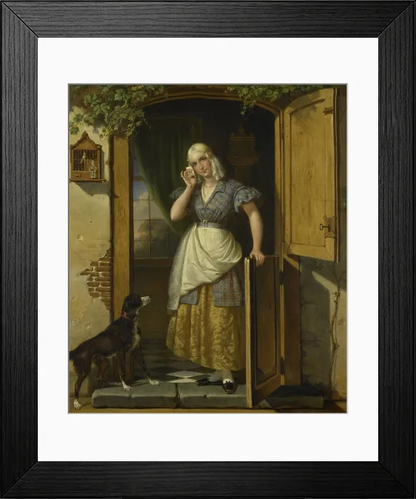 Framed Print : Love Note, by Johannes Hendrik van West, 1838, Dutch painting, oil on canvas. A young woman in the doorway of a house holding a letter to her head