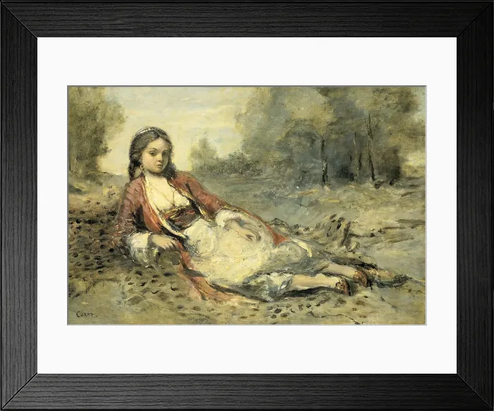 Framed Print : Algerienne, Camille Corot, 1871-73, French painting, oil on panel. Young Algerian woman reclining on a panther skin (BSLOC_2016_2_113)