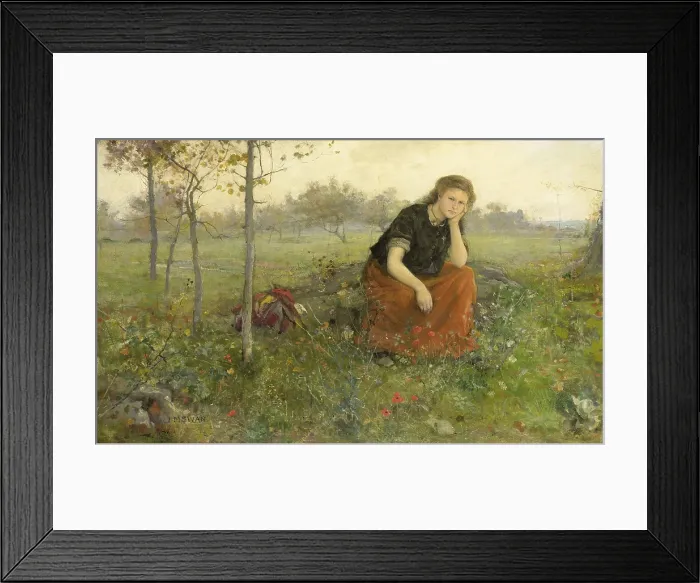 Framed Print : Refugee, by John Macallan Swan, c. 1870-1910, English painting, oil on canvas. Young woman sitting on a rock beside her bundle of belongings (BSLOC_2016_2_115)