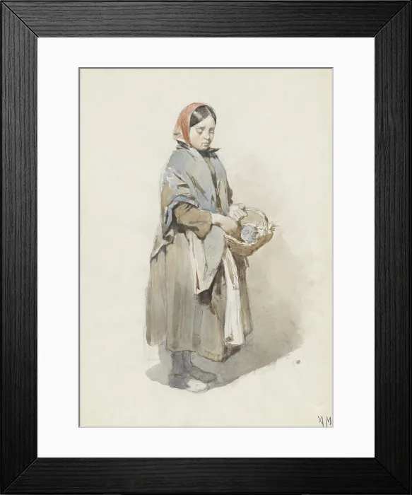 Framed Print : Standing Woman with Headscarf and Basket, by Anton Mauve, 1860-80, Dutch watercolor painting, drawing. Young women dressed in drab clothing holding a basket (BSLOC_2016_2_112)