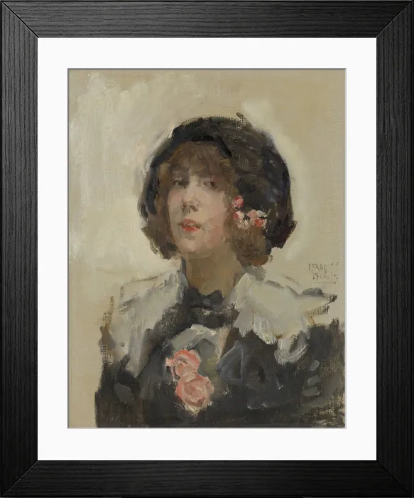 Framed Print : Portrait of a Woman, by Isaac Israels, c. 1900-22, painting, oil on canvas. Impressionist portrait of a woman with pink flowers in her hat and coat (BSLOC_2016_2_107)