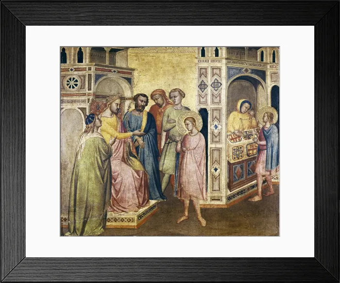 Framed Print : GADDI, Tadeo (1300-1366). Saint Eligius before the King Chlothar. 1365. The merovingian, at his throne, commissioned the gold saddle to the Saint
