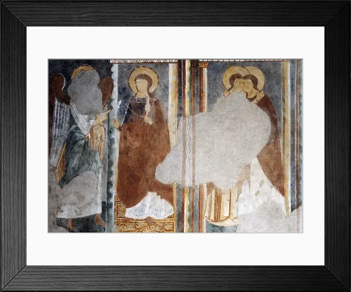 Framed Print : Annunciation and Visitation, by Unknown Artist, 13th Century, fresco - Italy, Sardegna, Galtelli, Church of Saint Peter. Detail. Fragment of the detail of the fresco