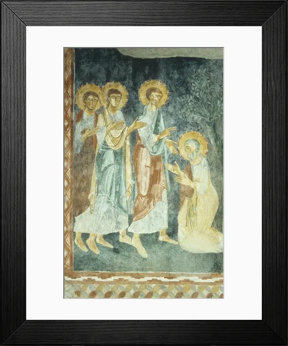 Framed Print : Hospitality of Abraham, by Unknown Artist, 13th century, fresco - Italy, Sardinia, Galtelli, Church of Saint Peter. Detail