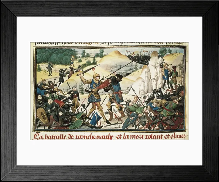 Framed Print : Battle of Roncevaux Pass (778). Knight Roland's death. Illuminated manuscript (14th c.). Gothic art. Miniature Painting. FRANCE. Paris