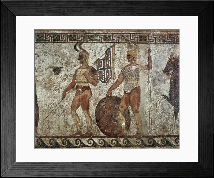 Framed Print : Funeral painting with Greek soldiers. Farewell of the deceased. 4th c. BC. Classical Greek art. Fresco. ITALY. Naples. National Museum of Archaeology. Proc: ITALY. Paestum