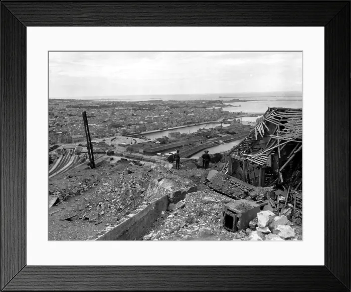 Framed Print : Three GI's view the port city of Cherbourg after the capture of Fort du Roule. June-July 1944. Normandy Campaign, France, World War 2. (BSLOC_2014_2_86)