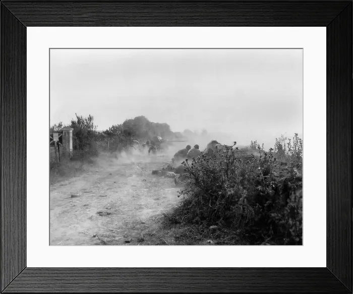Framed Print : Along a Norman hedgerow, U.S. soldiers fire anti-tank weapons at the Germans. June 10, 1944, in Foucarville, Normandy Campaign, France, World War 2. (BSLOC_2014_2_92)