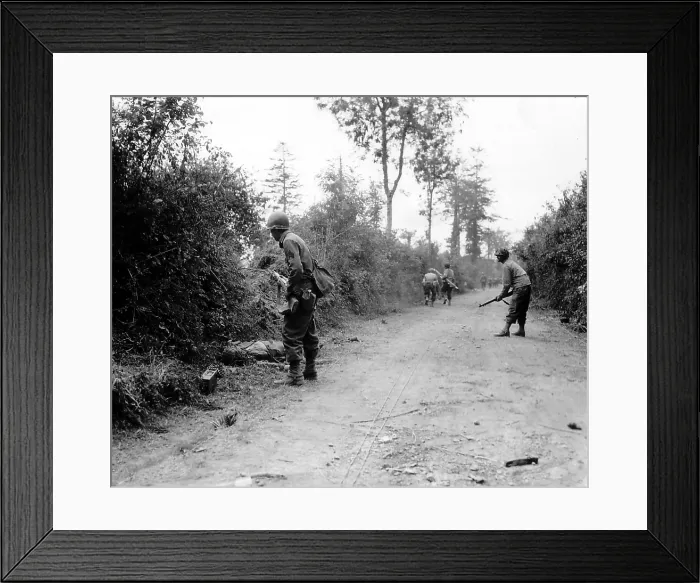 Framed Print : U.S. infantry fighting in the hedgerows of Normandy. The walls of stone, trees, and brush provided cover for snipers and ambush Framed Print : U.S. infantry fighting in the hedgerows of Normandy. The walls of stone, trees, and brush provided cover for snipers and ambush