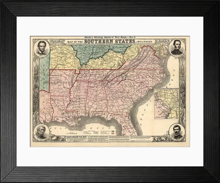 Framed Print : Civil War era map of the seceding Confederate States of American, 1861 Framed Print : Civil War era map of the seceding Confederate States of American, 1861