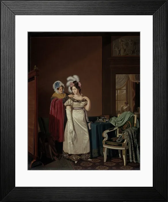 Framed Print : The Toilet, by Jan Lodewijk Jonxis, 1830-50, Dutch painting, oil on panel. Interior in which a woman dressing in front of a mirror with the assistance of a servant Framed Print : The Toilet, by Jan Lodewijk Jonxis, 1830-50, Dutch painting, oil on panel. Interior in which a woman dressing in front of a mirror with the assistance of a servant