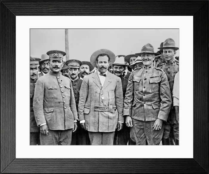 Framed Print : Generals Alvaro Obregon, John Pershing, and Francisco Pancho Villa at Fort Bliss, Texas. Aug. 27, 1914 Framed Print : Generals Alvaro Obregon, John Pershing, and Francisco Pancho Villa at Fort Bliss, Texas. Aug. 27, 1914