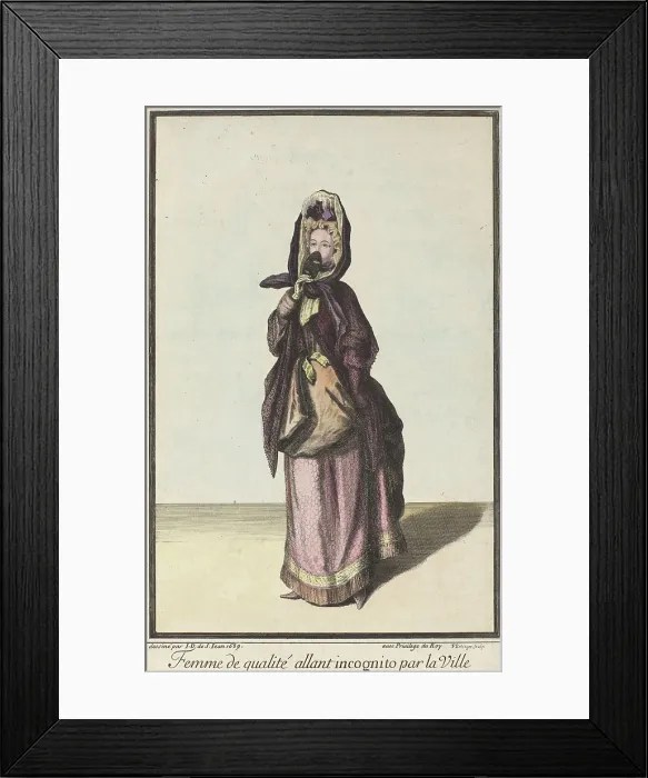Framed Print : Lady Going About Town Incognito, by Franz Ertinger, 1689, French print, engraving. Fashion prints that incorporated short stories about the model to promote new styles Framed Print : Lady Going About Town Incognito, by Franz Ertinger, 1689, French print, engraving. Fashion prints that incorporated short stories about the model to promote new styles
